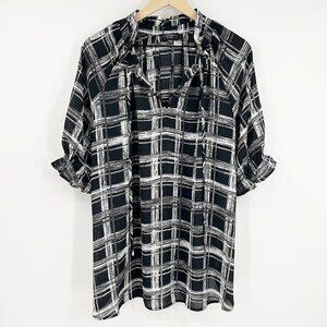 Cocomo Black White Ruffle Detail Short Sleeve Tie Neck Blouse Size 2X Feminine